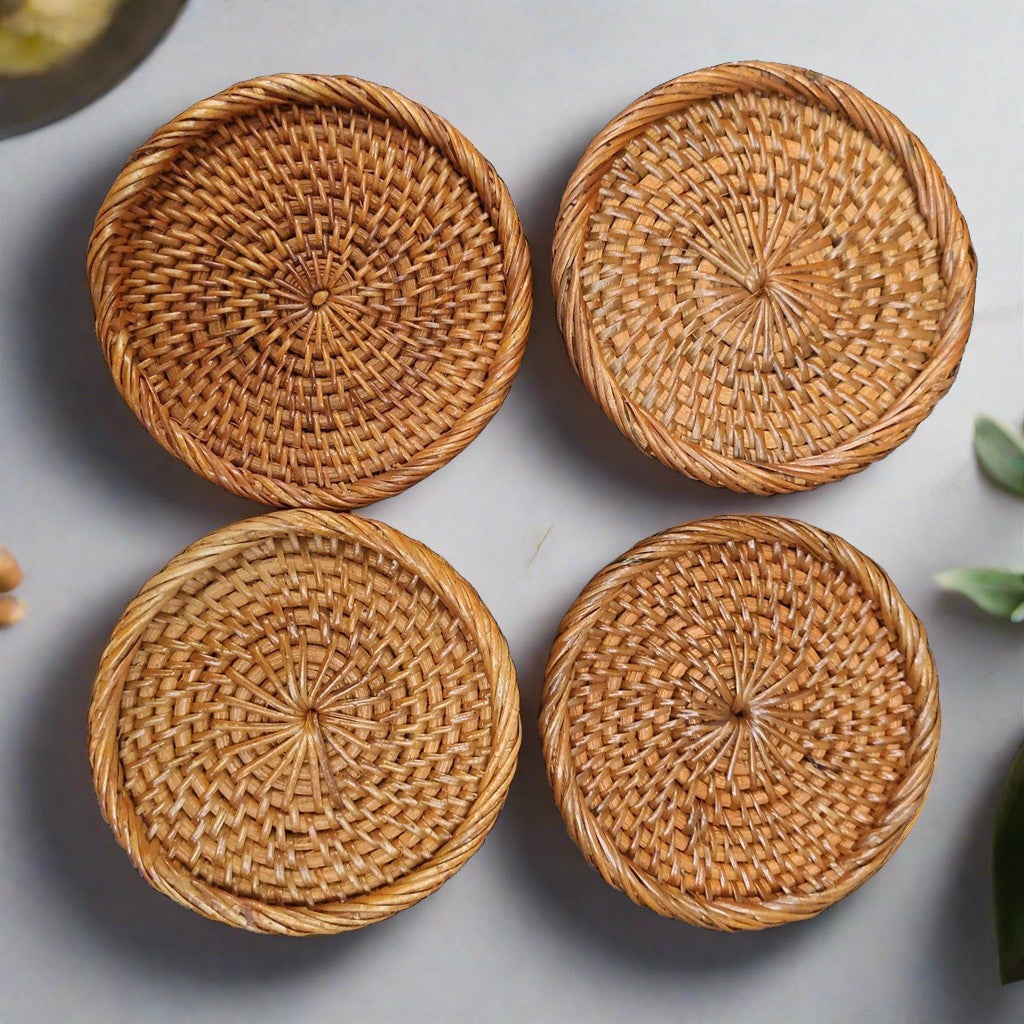 A Dozen (12 pcs) Elegant Handwoven Rattan Glass Coasters - Enhance Your Dining Experience with Natural Charm