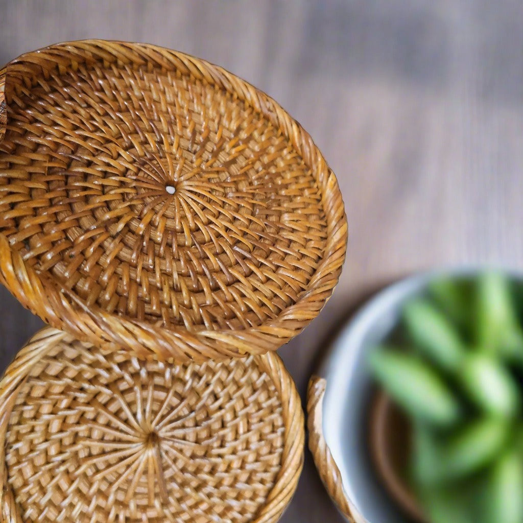 A Dozen (12 pcs) Elegant Handwoven Rattan Glass Coasters - Enhance Your Dining Experience with Natural Charm