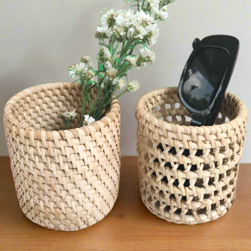 Oneset (2 Items) Elegant Rattan Pen & Makeup Holder Set - Organize in Style with Eco-Friendly Sophistication