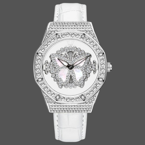 Women’s Fashion Watch – Rotating Dial with Flash Diamond Snowflake, Leather Strap, Waterproof