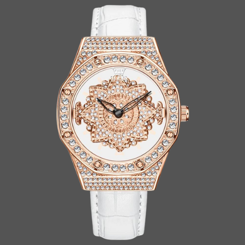 Women’s Fashion Watch – Rotating Dial with Flash Diamond Snowflake, Leather Strap, Waterproof